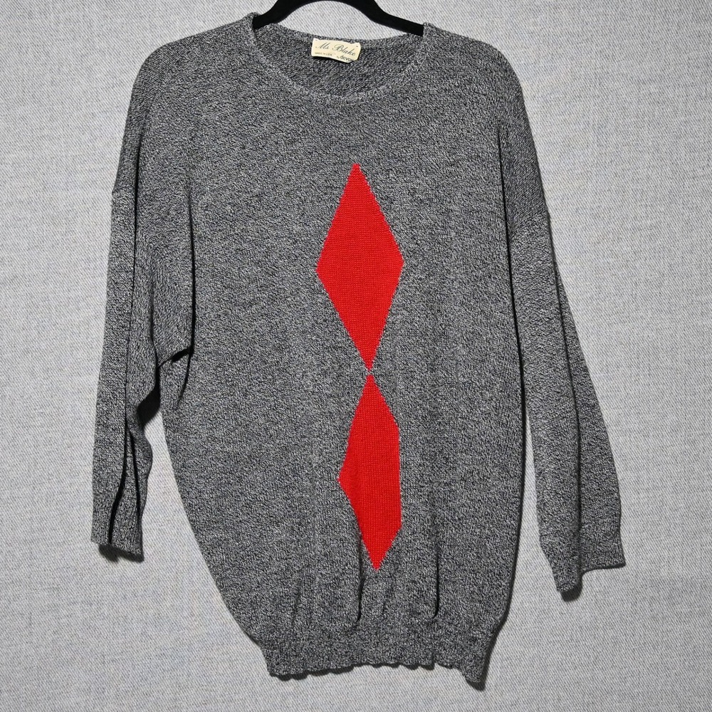 Ms Blake Devon Sweater Womens Vintage Diamond Intarsia USA Grey Red L